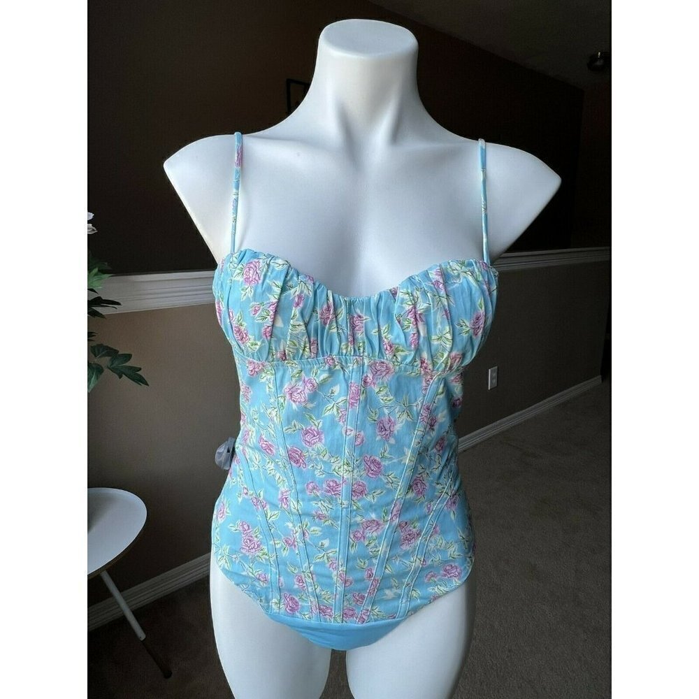 - ZARA WOMAN NWT SS22 BLUISH FLORAL CORSET BODYSUIT size s 2866/420